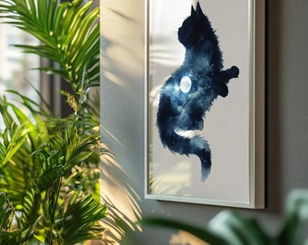 Impressão da silhueta de um gato celestial – Arte de parede inspirada no céu noturno iluminado pela lua
