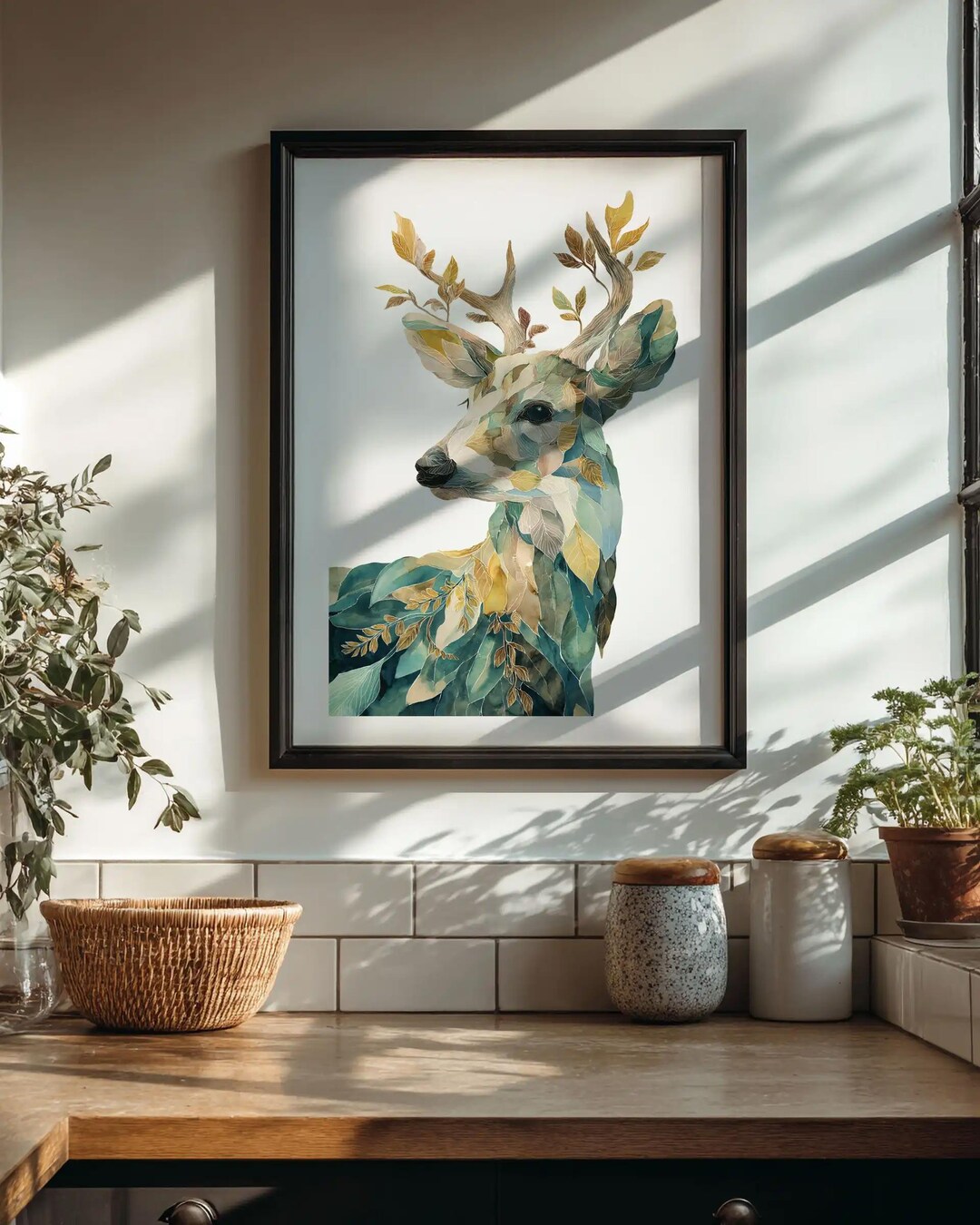 Solstice Stag Botanical Deer Wall Art Print - Leaf Antler Forest Animal ...