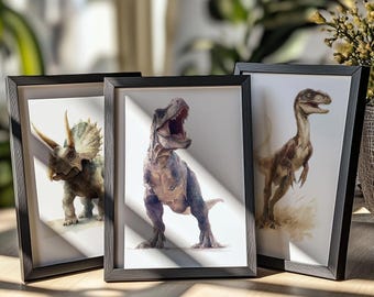 Zestaw akwarelowych wydruków z dinozaurami – Jurassic Nursery Art, bez ramki
