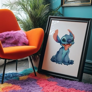 Stitch Inspired Watercolor Art Print – Cute Alien Character Wall Decor for Nursery, Kids Room or Disney Fan – Unframed Physical Artwork