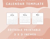 Editable 2026 Mini Calendar 3x3in Printable Instant Download