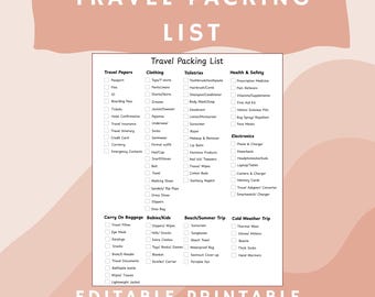 Editable Travel Packing List for Travelers Planner Printable Vacation Checklist Essentials Instant Download