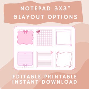 Printable Editable Notepad 3x3 Canva Template Sticky Notes Instant Download Cute Pastel Pink Bow To Do List Office Planner Journal PDF