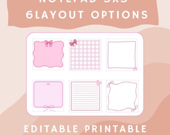 Utskrivbar redigerbar anteckningsblock 3x3 Canva-mall Fästisar direktnedladdning Söt pastellrosa rosett Att göra-lista Kontorsplanerare Journal PDF