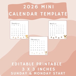 Editable 2026 Mini Calendar 3x3in Printable Instant Download Gift for Dog Lover