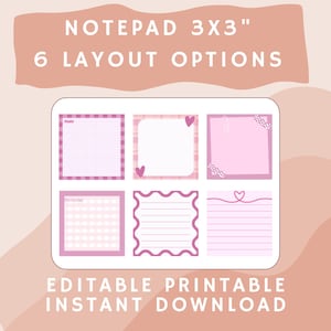 Printable Editable Notepad 3x3 Canva Template Sticky Notes Instant Download Cute Pastel Pink To Do List Office Planner Journal PDF