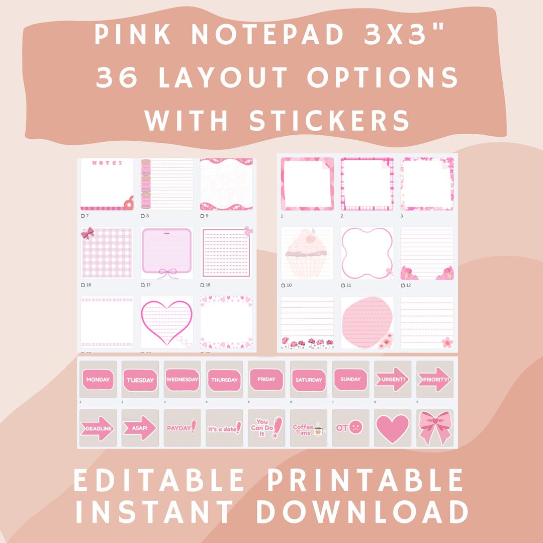 Pink Editable Notepad Bundle Memo Pad Canva Template Cute Planner Pages ...