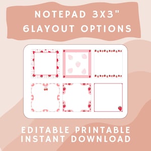 May include: A digital notepad with six layout options, each 3x3 inches. The designs feature strawberry and cherry themes in pink and red. Text at the top reads "NOTEPAD 3X3" and "6 LAYOUT OPTIONS". The bottom text says "EDITABLE PRINTABLE INSTANT DOWNLOAD".