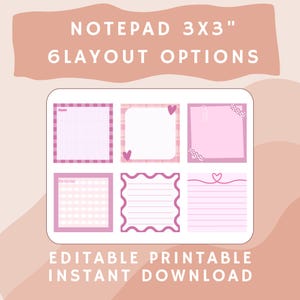 Puede incluir: Un bloc de notas digital con seis opciones de diseño, cada una de 7,6 x 7,6 cm. Los diseños presentan cuadrados rosas con patrones de cuadrícula, cuadros y líneas, junto con acentos de corazón y ondulados. El texto en la parte superior dice "NOTEPAD 3X3" y "6 LAYOUT OPTIONS."