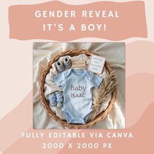 Editable Pregnancy Announcement Gender Reveal Photo Its A Boy Template Digital Baby Shower Reveal Editable Canva Design Square 2000x2000 px