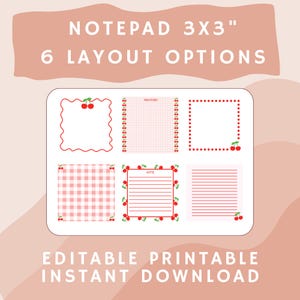 Pode incluir: Um bloco de notas branco com seis opções de layout, cada uma com 7,6 x 7,6 cm. Os designs incluem padrões de cereja e xadrez, páginas pautadas e quadriculadas e bordas decorativas. O texto diz "Notepad 3x3" e "6 Layout Options."