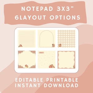May include: A digital notepad with six layout options, each 3x3 inches. The notepad designs include dotted lines, arched borders, and gingham patterns. The image features the text "NOTEPAD 3X3" and "6 LAYOUT OPTIONS."