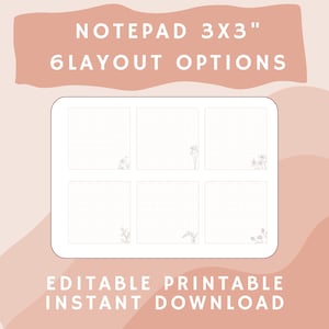 Utskrivbar redigerbar anteckningsbok 3x3 Canva-mall Fästisar direktnedladdning Söt minimalistisk att-göra-lista Kontorsplanerare Journal personlig