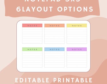 Plantilla de bloc de notas editable e imprimible de Canva de 3x3, notas adhesivas, descarga instantánea, lista de tareas con un arcoíris minimalista, planificador de oficina, diario en PDF.