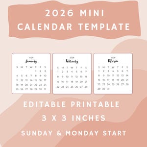 Editable 2026 Mini Calendar 3x3in Printable Instant Download