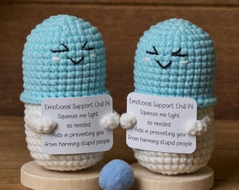Crochet Emotional Support Chill Pill, Funny Crochet Pill, Handmade Emergency Chill Pill, Crochet Stuffed Pill, Stress Relief, Desk Decor