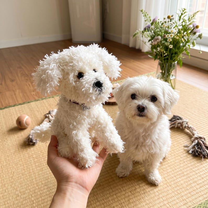 May include: A white plush dog toy with a textured, shaggy fabric, black eyes, and a small collar with a tag reading PILI, positioned next to a small white dog with similar fur, black eyes, and a dark nose, both featuring soft, curly white coats.