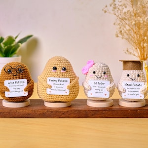 Handmade Crochet Potato Plush with Custom Sign | Cute Emotional Support Desk Buddy | Funny Positive Gift for Coworker, Friend, Office Decor