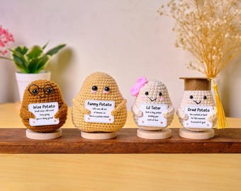 Handmade Crochet Potato Plush with Custom Sign | Cute Emotional Support Desk Buddy | Funny Positive Gift for Coworker, Friend, Office Decor