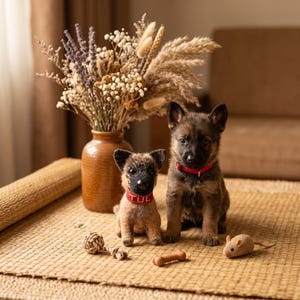 May include: A needle-felted puppy figurine with a red collar featuring the text TUL, positioned next to a live German Shepherd puppy wearing a matching red collar. The scene includes a small rope toy, a bone-shaped chew, and a plush mouse toy.