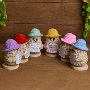 Może przedstawiać: Kolekcja szydełkowych figurek ziemniaków, każda w innym kolorze kapelusza: fioletowym, czerwonym, morskim, żółtym, różowym i niebieskim. Każdy ziemniak trzyma mały znak z tekstem. Figurki są wyświetlane na drewnianych podstawach.