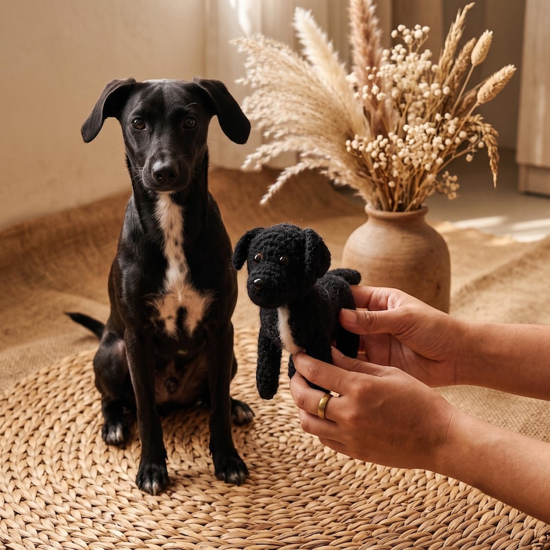 May include: A black dog with a white chest patch sitting upright next to a small, black crocheted dog figurine with a white chest patch. The figurine is held in place, showcasing its textured yarn construction and dark, round eyes.