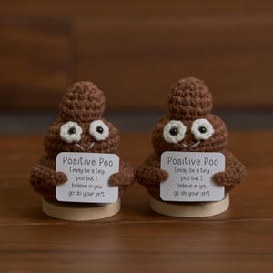 May include: Two brown crocheted poop figures with white eyes and smiling faces. Each holds a sign that reads "Positive Poo" and a motivational message. They sit on small wooden bases.