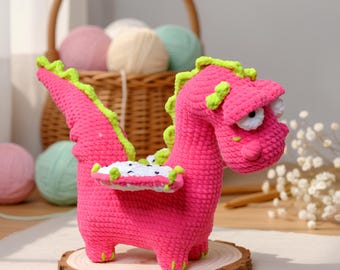 Dragon Fruit Crochet, Kawaii Dragon Amigurumi, Handmade Dragon Fruit Bat, Crochet Fruit Dragon Plushie, Desk/Home/Room Decor
