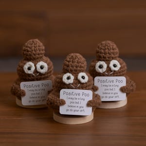 May include: Three brown crocheted poop figures with white eyes and smiles, each holding a small sign that reads "Positive Poo." The signs include the text "I may be a tiny poo but I believe in you go do your sh*t."