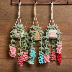 Puede incluir: Tres macetas colgantes hechas a mano con ganchillo, con enredaderas y flores coloridas. Las macetas son de color crema, beige y blanco, con hojas verdes y flores rosas, rojas y azules. Cuelgan de un fondo de madera.