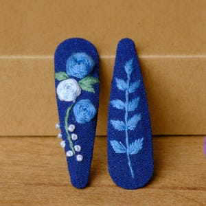 Set of 2 Embroidered Hair Clips, Floral Embroidered Hair Clips, Flower Linen Hair Clips, Embroidery Hair Clips, Bridesmaid Gift