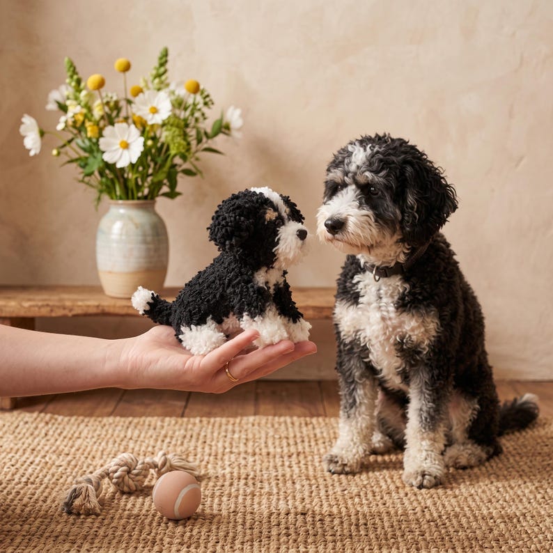 May include: A small, handcrafted plush dog figurine made of black and white yarn, featuring a textured, curly appearance. The miniature toy is held in a palm, positioned near a live black and white dog with similar curly fur and a dark collar.