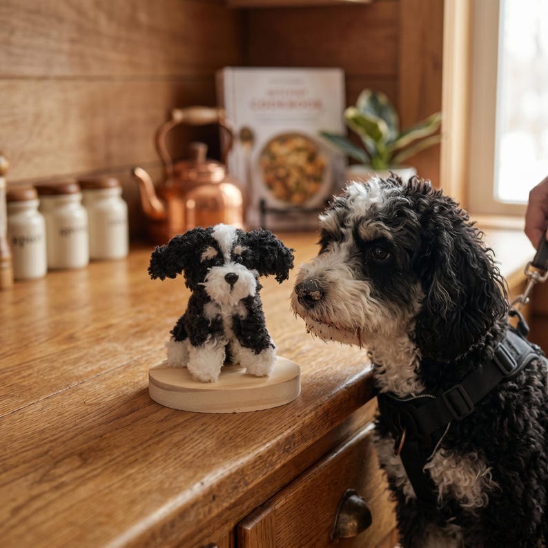 May include: A small, handcrafted plush dog figurine featuring black and white fur, sitting upright on a circular wooden base. The plush toy has a white patch on its forehead, white paws, and a black nose, mimicking the appearance of a real dog.