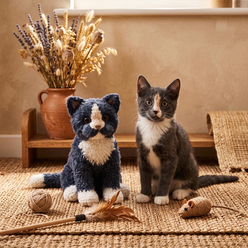 May include: A dark blue and white crocheted cat plush toy sitting next to a live gray and white cat. The scene includes a small ball of twine, a feather wand toy, and a small woven mouse toy, all arranged on a textured woven surface.
