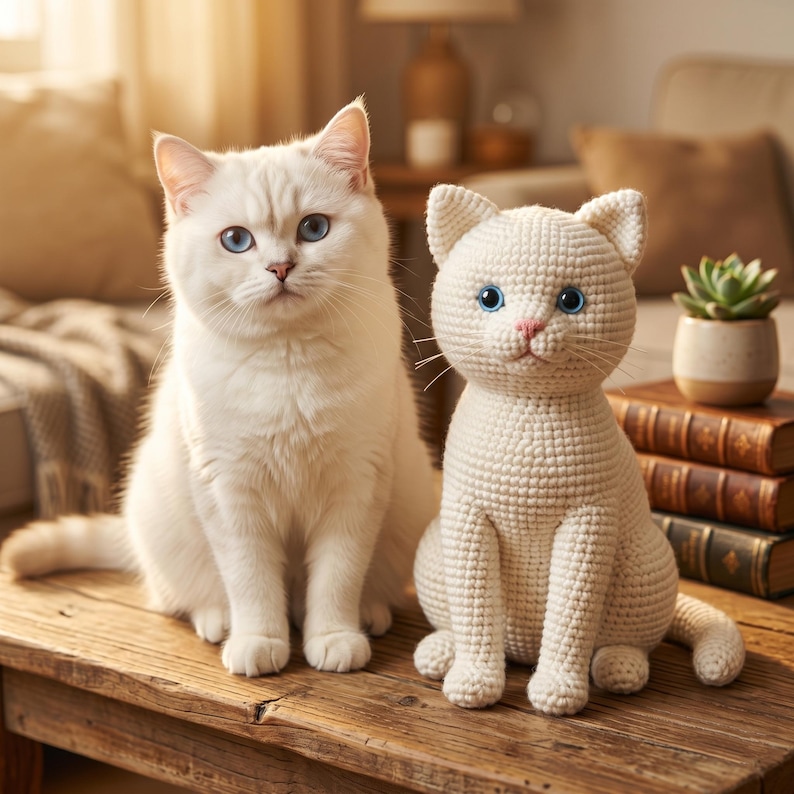May include: A white cat with blue eyes sits next to a cream-colored crocheted cat figurine. The figurine features a textured yarn surface, blue plastic eyes, and a small pink stitched nose, mirroring the posture of the live white cat beside it.