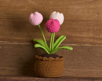 手作りかぎ針編みのチューリップ植木鉢、カスタムタグ付きかぎ針編みの 