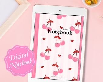 Cherry Pink Digital Notebook – Hyperlinked Lined Notebook | 6 Sections | Cherry Heart Design | Digital Journal for GoodNotes, iPad, Tablet
