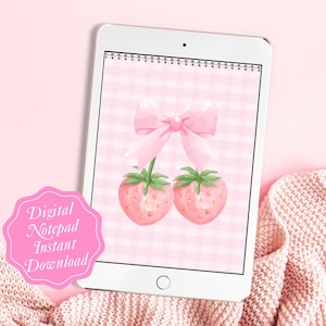 May include: A digital notepad with a pink and white gingham background. Two pink strawberries with green leaves are tied together with a pink bow.