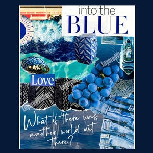 In die Blaue Retro Collage Digitaldruck | Wanddekoration | Vintage Zeitschriften Collage