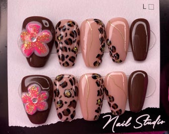 Leopard print with pink flowers press on nails - Elegant hand painted nails - 3d nails