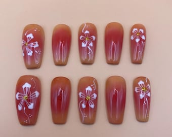 Summer coral flower press on nails - Hibiscus flower fake nails - reusable handmade nails - bright summer press ons - gift for her