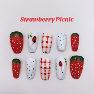 Trending Fruit nails - press on nails - strawberry - ladybugs - red - white - gifts for her