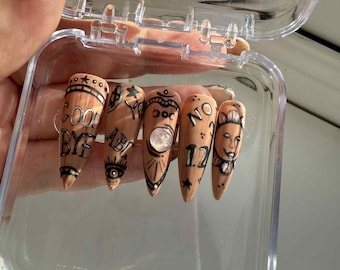 Ouija Board Inspired Press-On Nails – Gothic Black, White Nail Set with Occult & Spirit Designs – Reusable False Nails - gifts for her
