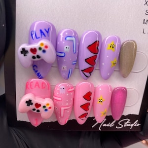 Gamer pink and purple press on nails - gamer girl - kawaii - retro - games - retro games - magnetic nails - nail art - nail charms -