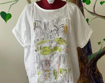 Bluzka lniana jedyna w swoim rodzaju, koszula ręcznie robiona, bluzka z lnianej bawełny w stylu patchworkowym, rozmiar od L do XL, damska bluzka lniana, bluzka w stylu patchworkowym