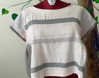 Camisa única hecha a mano, blusa de patchwork de lino y algodón, talla pequeña a grande, top de lino para mujer, única en su tipo, cero desperdicio, top de patchwork
