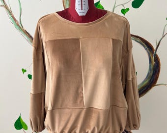Handmade Velour Patchwork Jumper, Upcycled Beige Crewneck