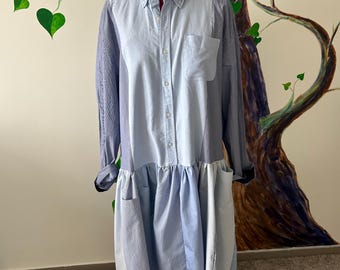 Handmade Blue Shirt Dress, Upcycled Dress,  Medium-Large