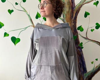 Felpa con cappuccio in velluto grigio riciclato • Maglione patchwork unico nel suo genere • Felpa con cappuccio in tessuto riciclato fatta a mano • Maglione in velluto morbido e accogliente • Regalo sostenibile