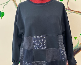 Handmade Patchwork Crewneck, Upcycled Blue Jumper, Medium-XL
